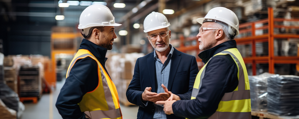 Three Managers in a construction setting communicating