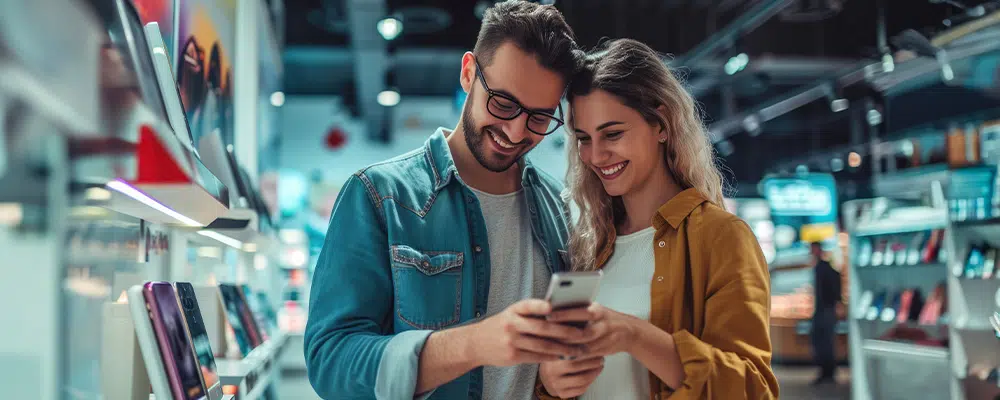 Couple enjoying their savings at a phone store