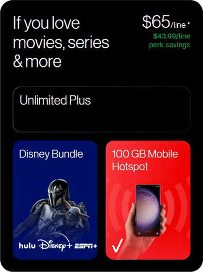 Unlimited Plus - If you love movies, series, & more. Includes Disney Bundle and 100 Gb Mobile Hotspot $65/line* $43.99/line perk savings