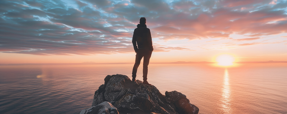 Man standing on a rock facing the ocean during a sunrise