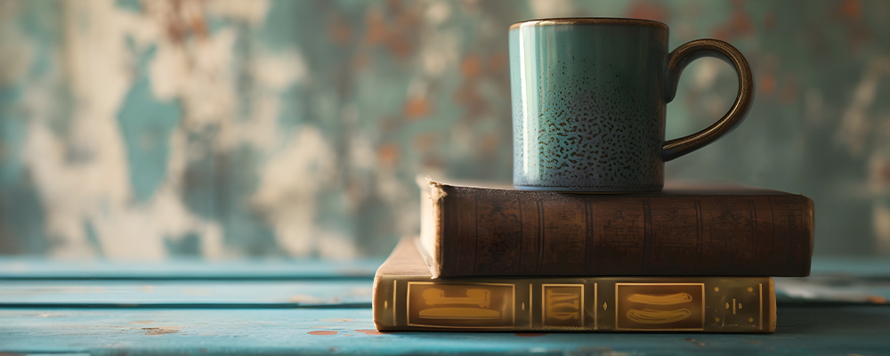 Two books sitting on a desk with a coffee mug on top