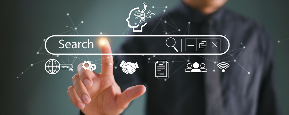 Man holding finger up to a search bar for AI