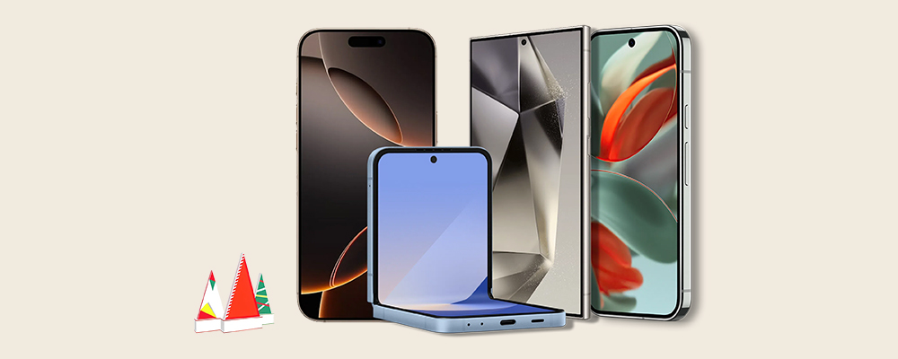 Product Image of an iPhone, Samsung Flip, and other products