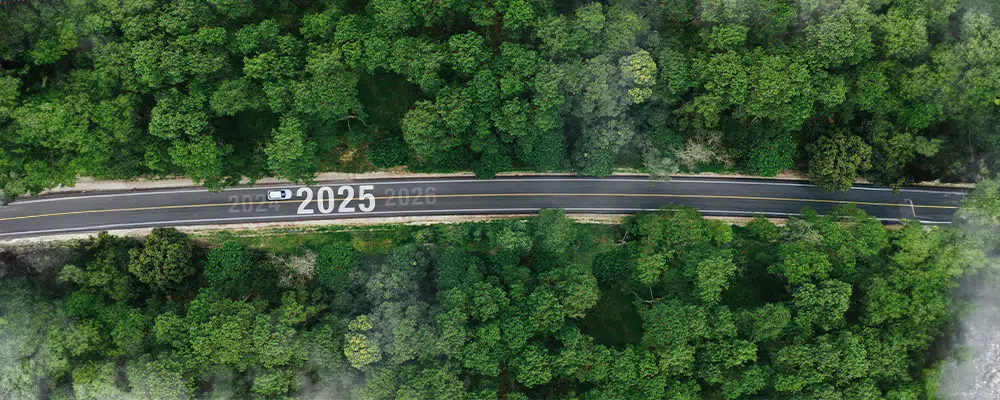 Birds eye view shot of a road going through trees showing a car traveling from 2024 to 2025
