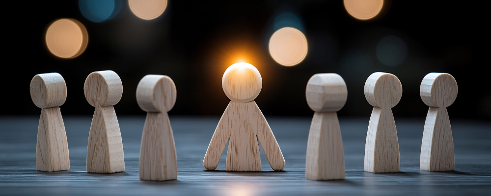 Glowing wooden figures arranged in symmetrical rows on skyscrapers symbolizing the foundation of teamwork diversity and unity as the key to achieving workplace success and organizational goals
