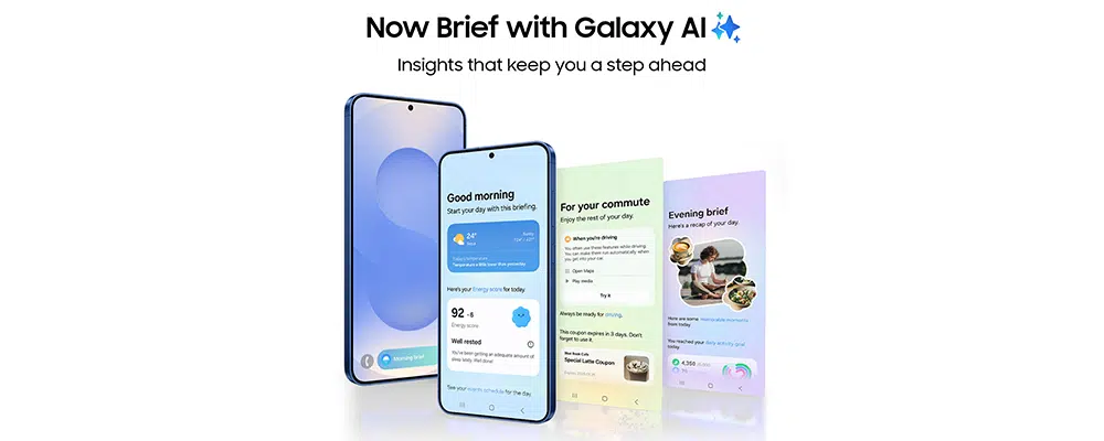 Showcasing Galaxy AI and how to stay ahead. Two phones next to each other and two screens next to each other