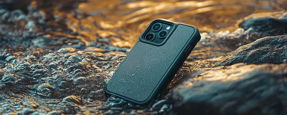 Waterproof phone case on rock by sea at sunset.