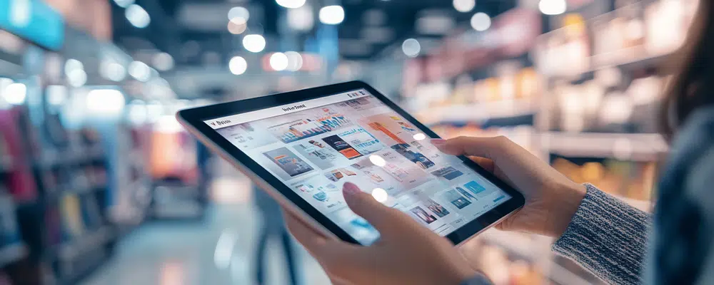 A person uses a tablet to browse products in a retail store, surrounded by shelves filled with various items.